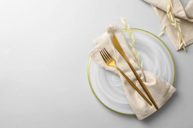 Çatal bıçak takımı, peçete, kuru dal ve tabağı açık gri masa, üst manzara. Metin için boşluk