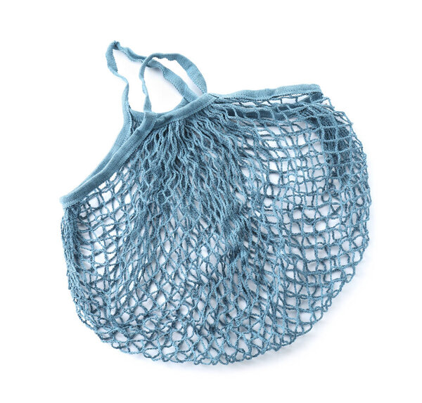 Blue empty string bag isolated on white, top view