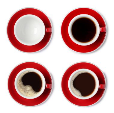 Aromatic coffee in cups isolated on white, top view