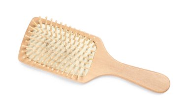 Kayıp saçlarla ahşap fırça, beyaz, üst manzara