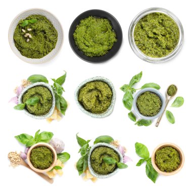 Tabaklarda taze pesto sosu var. Beyazlar içinde izole edilmiş.