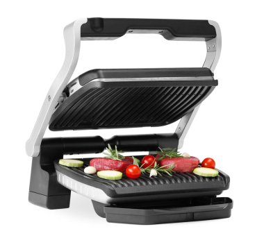 Beyaz et, biberiye ve sebzeli elektrikli ızgara.