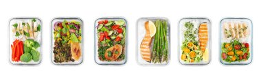 Konteynırlardaki farklı lezzetli yemekler beyaz, üst manzara. Sağlıklı beslenme