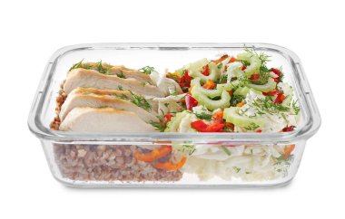 Sağlıklı yemek. Tavuk göğsü, karabuğday ve salata kabın içinde, beyaz üzerine izole edilmiş.