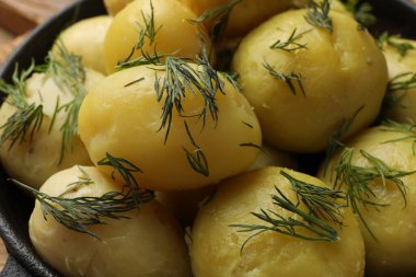 Lezzetli haşlanmış patatesler ve dereotlu kase, yakın plan.