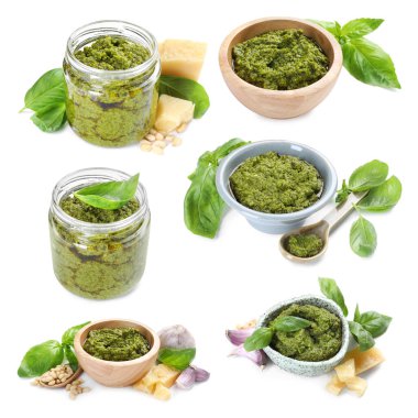 Taze pesto sosu beyaza izole edilmiş.