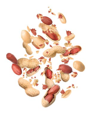 Many peanuts in air on white background