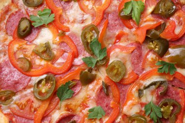 Arka plan olarak lezzetli pizza Diablo, üst manzara