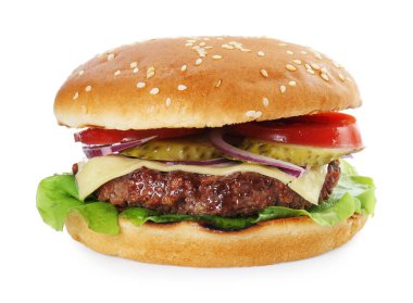 Lezzetli köfteli burger beyaz üzerine izole edilmiş.