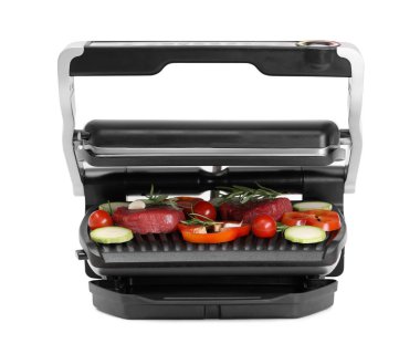 Beyaz et, biberiye ve sebzeli elektrikli ızgara.