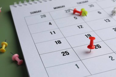 Zaman çizelgesi. Takvim ve çizim pimleri yeşil arkaplanda, yakın plan