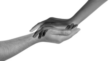 Beyaz arka planda, insanların ellerine iki kez maruz kalmak, yakın plan. Siyah ve beyaz etkisi