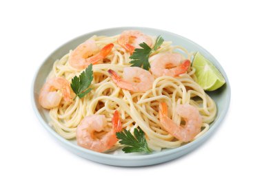 Beyaz karidesli, limonlu ve maydanozlu spagetti.