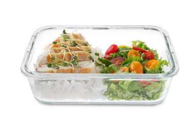 Sağlıklı yemek. Tavuk göğsü, pirinç ve salata kabın içinde.