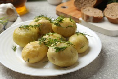 Açık gri masada dereotlu haşlanmış patatesler.