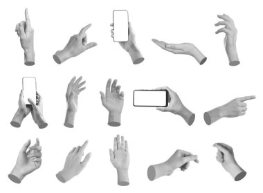 Beyazda izole edilmiş farklı el hareketleri. Siyah ve beyaz etkisi