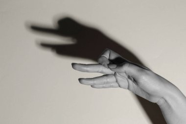 Gölge kuklası. Kadın hafif arka plandaki kaz gibi el hareketi yapıyor, mesaj için yer ararken yakın plan çekiyor. Siyah ve beyaz etkisi
