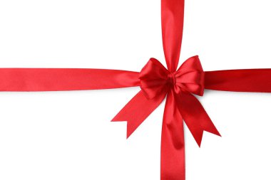 Kırmızı saten kurdele, beyaz yay ile izole, üst görünüm