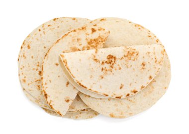 Birçok lezzetli ev yapımı tortilla beyaz, üst manzara izole