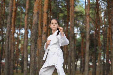 Kimonolu tatlı küçük kız ormanda karate yapıyor.