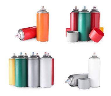 Beyaza izole edilmiş farklı sprey boya kutuları.
