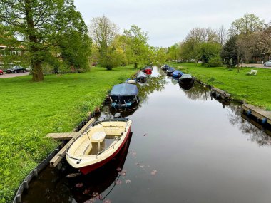 Yeşil kıyıda demirli tekneleri olan bir kanal.