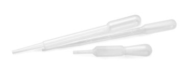 Three clean transfer pipettes isolated on white, top view clipart