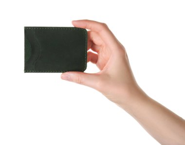 Woman holding leather business card holder on white background, closeup