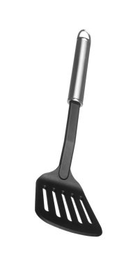 Metal saplı siyah bir spatula beyaza izole edilmiş.