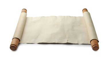 Beyaz üzerine izole ahşap saplı eski parşömen kağıdı parşömeni