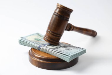 Beyaz arka planda yığınla doları olan kanun tokmağı