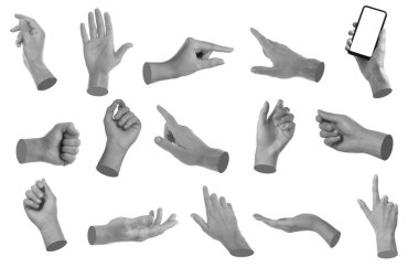 Beyazda izole edilmiş farklı el hareketleri. Siyah ve beyaz etkisi