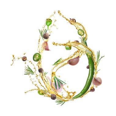 Beyaz arka planda kırmızı biber, biberiye, baharat ve sarımsak ile yağ sıçratma