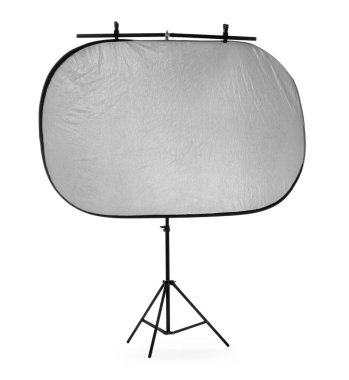 Beyaza izole edilmiş yansıtıcıyla durun. Fotoğraf stüdyosu ekipmanı