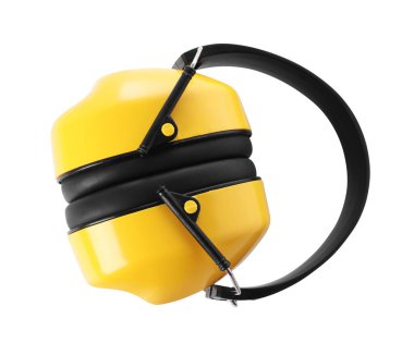 Sarı kulaklıklar beyaza izole edilmiş, üst manzara. Güvenlik ekipmanları