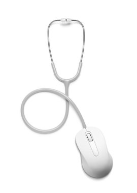 Bilgisayar fareli stetoskop beyaz, üst görünümde izole. İnternet tıbbı