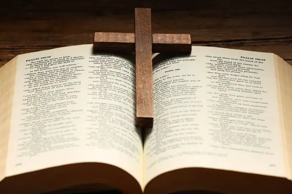 stock image Bible and cross on table, closeup. Religion of Christianity