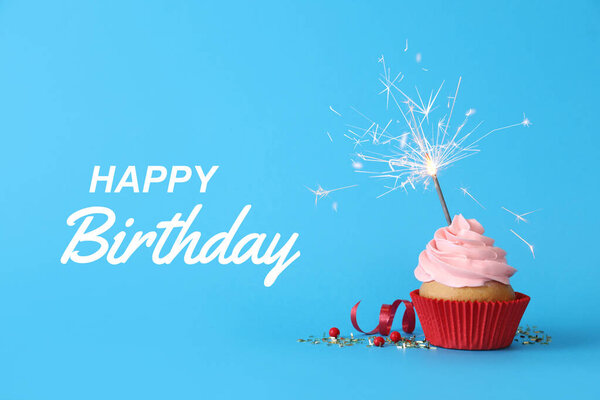Magdalena Cumpleaños Con Espumoso Sobre Fondo Azul Claro Tarjeta Felicitación — Foto de Stock