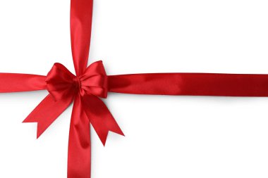 Kırmızı saten kurdele, beyaz yay ile izole, üst görünüm