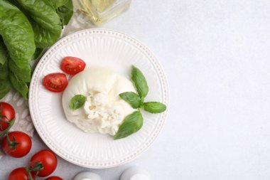 Lezzetli burrata peyniri, domates, fesleğen ve ıspanak. Metin için boşluk