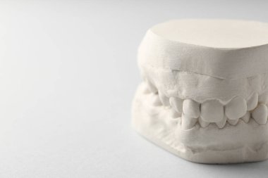 Açık gri arkaplanlı diş eti modeli, yakın plan ve metin için boşluk. Diş kalıpları
