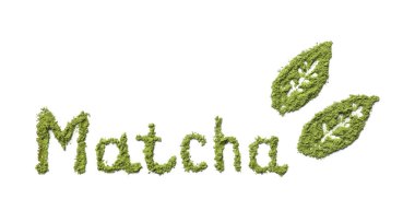 Sözcük Matcha ve yeşil tozdan yapılmış yapraklar beyaz, üst manzara izole