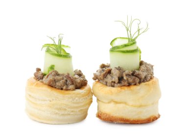 Delicious puff pastry with mushrooms, cucumber and dill isolated on white clipart