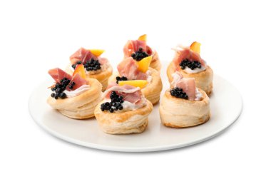 Krem peynirli, jambonlu, siyah havyarlı ve şeftalili enfes poğaça.