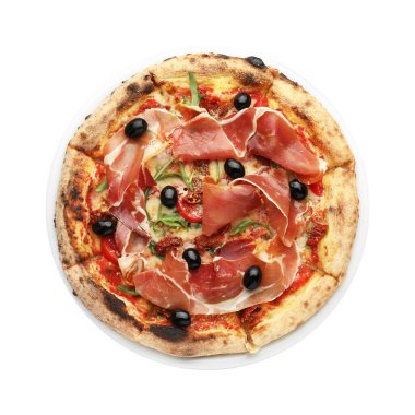 Pişmiş jambonlu, zeytinli ve domatesli leziz pizza.