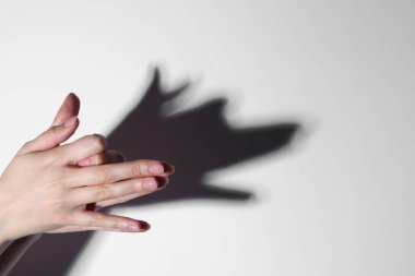 Gölge kuklası. Kadın arka plandaki köpek gibi el hareketi yapıyor, yakın plan. Metin için boşluk