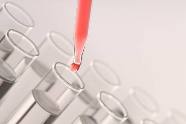 Işık arka planında pipetten test tüpüne sıvı damlatılıyor, yakın plan. Metin için boşluk