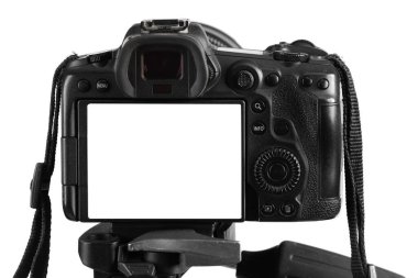 Profesyonel kamera beyaza izole edilmiş. Fotoğraf stüdyosu ekipmanı
