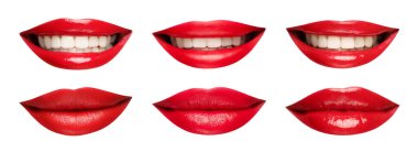 Beyaz arka planda parlak makyajlı güzel kadın dudakları, fotoğraf kolajı.