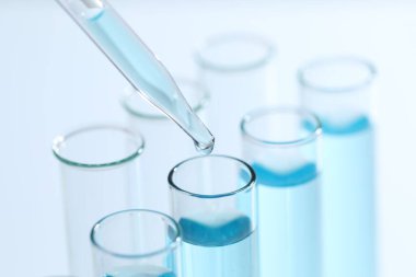 Işık arka planında pipetten test tüpüne sıvı damlatılıyor, yakın plan